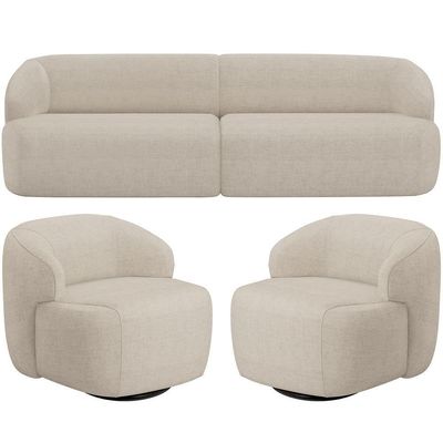 Sofá 3 Lugares Curvo Orgânico Com 02 Poltronas Living 220cm Barolo L06 Linho Bege Escuro