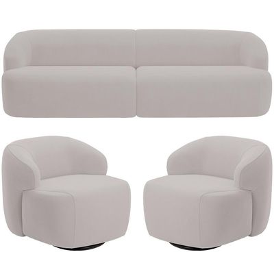 Sofá 3 Lugares Curvo Orgânico Com 02 Poltronas Living 220cm Barolo L06 Veludo Grafite