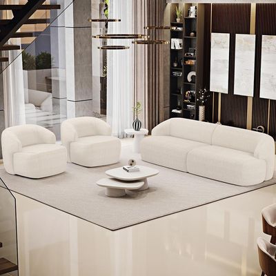 Sofá 4 Lugares Curvo Orgânico Com 02 Poltronas Living 280cm Barolo L06 Linho Mescla