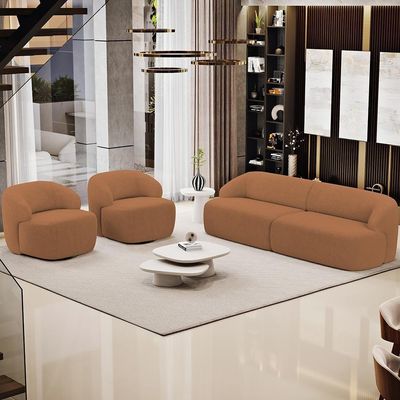 Sofá 4 Lugares Curvo Orgânico Com 02 Poltronas Living 280cm Barolo L06 Bouclê Terracota