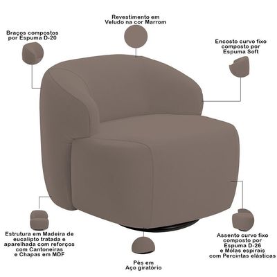 Sofá 3 Lugares Curvo Orgânico Com 02 Poltronas Living 220cm Barolo L06 Veludo Marrom