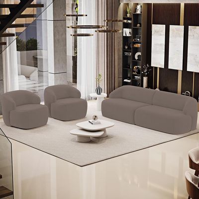 Sofá 3 Lugares Curvo Orgânico Com 02 Poltronas Living 220cm Barolo L06 Veludo Marrom