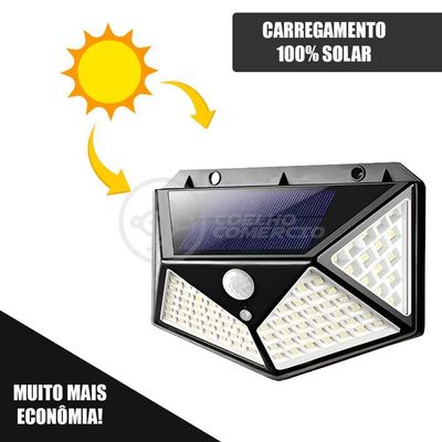 Luminária Lampada Recarregável Energia Solar Com Sensor De Movimento 100 Leds Luz Branca Ip65