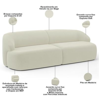 Sofá 4 Lugares Curvo Orgânico Living 280cm Barolo L06 Veludo Bege