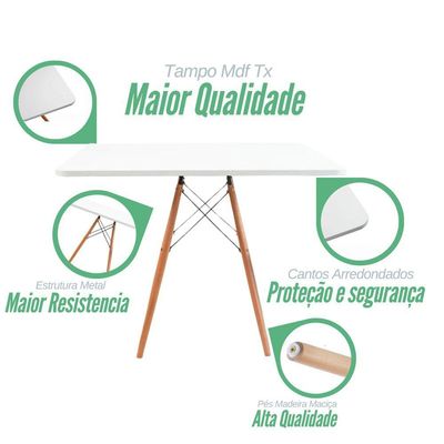 Conjunto Mesa Jantar Quadrada Eiffel 80cm Branca Mdf Com 4 Cadeiras Charles Eames Pretas