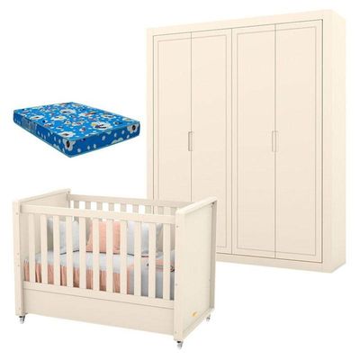 Berço Americano Guarda Roupa Tutto New 4 Portas Off White E Colchão - Matic