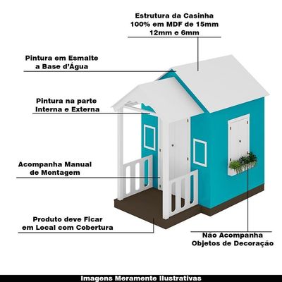 Casinha De Brinquedo Artesanal Com Varanda Mdf Branco/azul Turquesa L12 - Criança Feliz