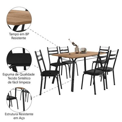 Conjunto De Mesa Sala De Jantar Com 6 Cadeiras Tubular Tampo Bp Madeirado Retangular 1,36m Preto