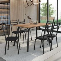 Conjunto De Mesa Sala De Jantar Com 6 Cadeiras Tubular Tampo Bp Madeirado Retangular 1,36m Preto