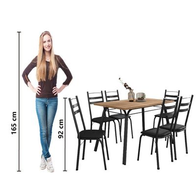 Conjunto De Mesa Sala De Jantar Com 6 Cadeiras Tubular Tampo Bp Madeirado Retangular 1,36m Preto
