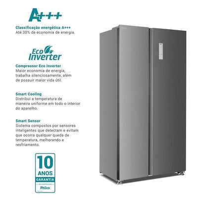 Geladeira 437L Philco Inverter Side By Side Inox PRF535I 110V