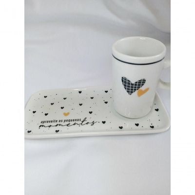 Kit Xicara De Cafe 80ml Com Pires Retangular Porcelana Branco