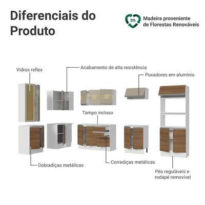 Armário De Cozinha Completa De Canto 100% Mdf 447 Cm Smart Madesa 02 Branco/rustic/crema