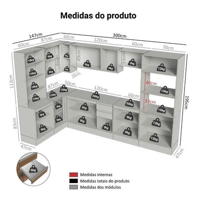 Armário De Cozinha Completa De Canto 100% Mdf 447 Cm Smart Madesa 02 Branco/rustic/crema