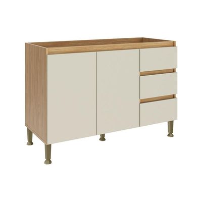 Balcão de Cozinha Rebeca c/ 2 Portas e 3 Gavetas s/ Tampo 120cm Mel/Off White - Movelbento