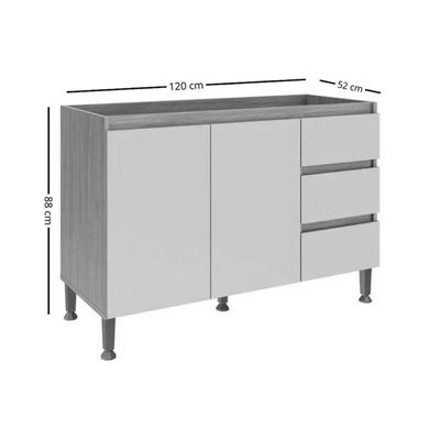 Balcão de Cozinha Rebeca c/ 2 Portas e 3 Gavetas s/ Tampo 120cm Mel/Off White - Movelbento
