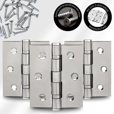 Dobradiça Para Porta Haga 3.1/2 Com Rolamento Embutir 60kg Inox 304 Com 3 Peças