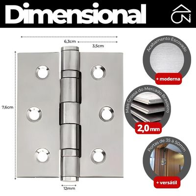 Dobradiça Para Porta Haga 3.1/2 Com Rolamento Embutir 60kg Inox 304 Com 3 Peças
