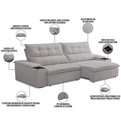 Sofá Retrátil Reclinável Living 230cm ártico F04 Veludo Cinza