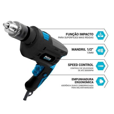 Furadeira Philco Force 3000 RPM Mandril 13mm 850W PFU04 220V