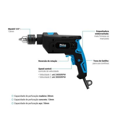 Furadeira Philco Force 3000 RPM Mandril 13mm 850W PFU04 220V