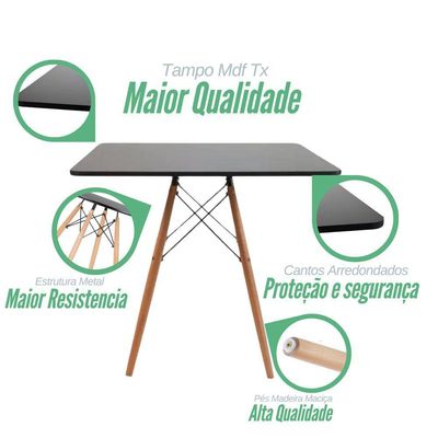 Mesa Elegante Eiffel Eames Preta Quadrada 90cm Com 04 Cadeiras Eiffel Preto