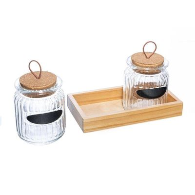 Kit Com 2 Potes De Vidro 260ml E Suporte Em Madeira