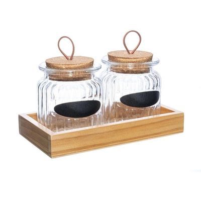 Kit Com 2 Potes De Vidro 260ml E Suporte Em Madeira