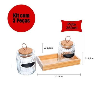Kit Com 2 Potes De Vidro 260ml E Suporte Em Madeira