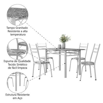 Conjunto De Mesa Sala De Jantar Com 4 Cadeiras Leia Tubular Granito 1,20m Artefamol Branco / Floral