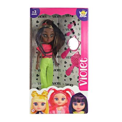 Boneca Violet Negra 30cm Com Acessórios Como Pente Espelho E Prendedores De Cabelo