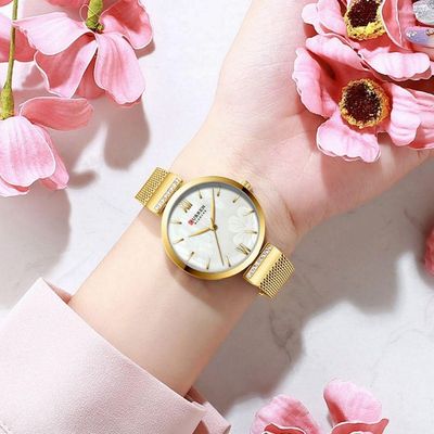 Relógio Minimalista Feminino Quartzo Pulseira Em Aço Design Elegante Casual Dourado