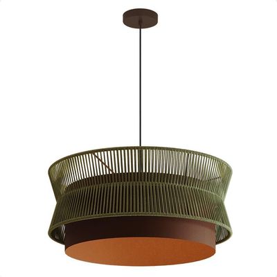 Lustre Pendente Blumenau Gaia Macramê 60cm E27 Bivolt Marrom Gold Com Verde