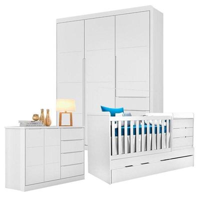 Quarto De Bebê Blenda Com Berço Multifuncional Cleo Branco Acetinado – Phoenix