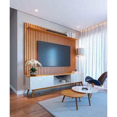 Rack Bancada Classic 2 Gavetas Com Painel Para Tv Suspenso Ripado Loft 1.8 Off White Nature - Imcal
