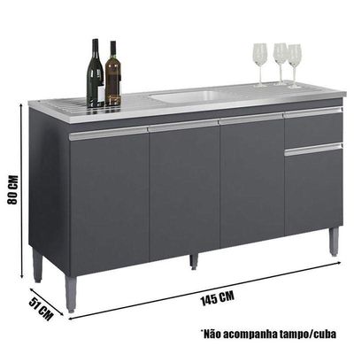 Balcão De Pia Tatiane 145 Cm E Armário Aéreo Andréia 4 Portas 160 Cm Cinza Fosco – Ajl