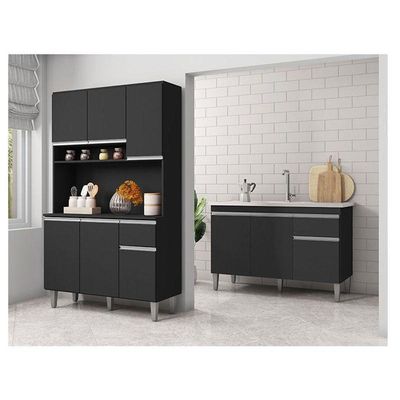Balcão De Pia Tatiane 120 Cm E Armário Cozinha Kit Márcia Preto Fosco - Ajl