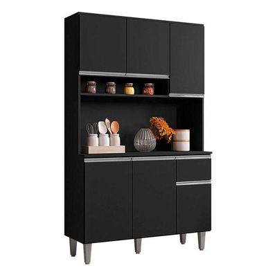 Balcão De Pia Tatiane 120 Cm E Armário Cozinha Kit Márcia Preto Fosco - Ajl