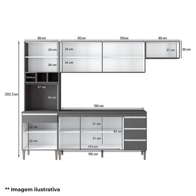 Cozinha Com Balcão E Tampo 160cm Ambiente Andréia Amêndoa Branco - Ajl