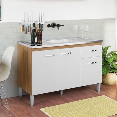 Balcão De Pia Gabriela 120cm E Armário Aéreo Andréia Amêndoa Branco - Ajl