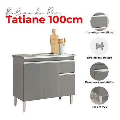 Balcão De Pia Tatiane 100cm E Armário Aéreo Andréia 3 Portas Cinza Fosco - Ajl