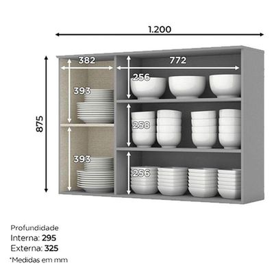 Armário Aéreo 3 Portas Com Vidro 120 Cm Nova York Cinza – Henn