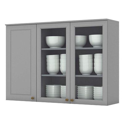Armário Aéreo 3 Portas Com Vidro 120 Cm Nova York Cinza – Henn