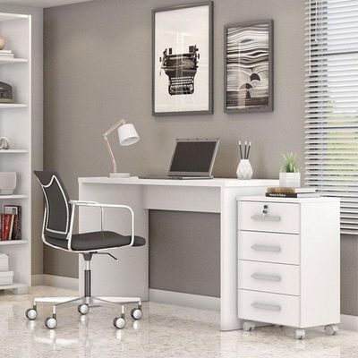 Mesa Para Computador E Gaveteiro Gávea Com Chave 4 Gavetas Branco Fosco - Móveis Leão