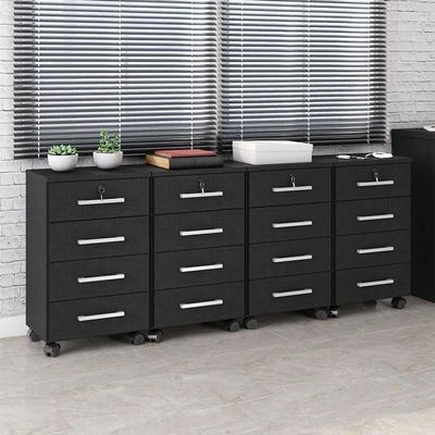 Kit 4 Gaveteiros Para Escritório Gávea Com Chave Preto Fosco – Móveis Leão