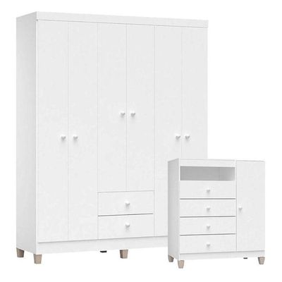 Cômoda E Guarda Roupa 6 Portas Baby Kids Branco Brilho – Incorplac