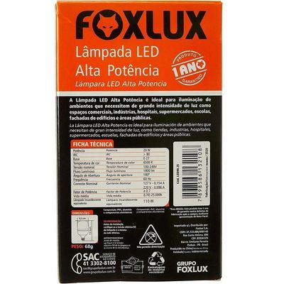 Kit 10 Lâmpada Led 20w Bulbo Alta Pot Bivolt 6500k Foxlux