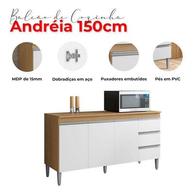 Balcão De Cozinha Andréia Com Tampo 150cm Amêndoa Branco - Ajl