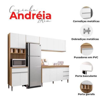 Cozinha Com Balcão E Tampo 150cm Andréia Amêndoa Branco - Ajl