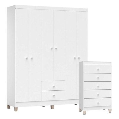 Cômoda Gaveteiro E Guarda Roupa 6 Portas Ternura Baby Branco Brilho – Incorplac